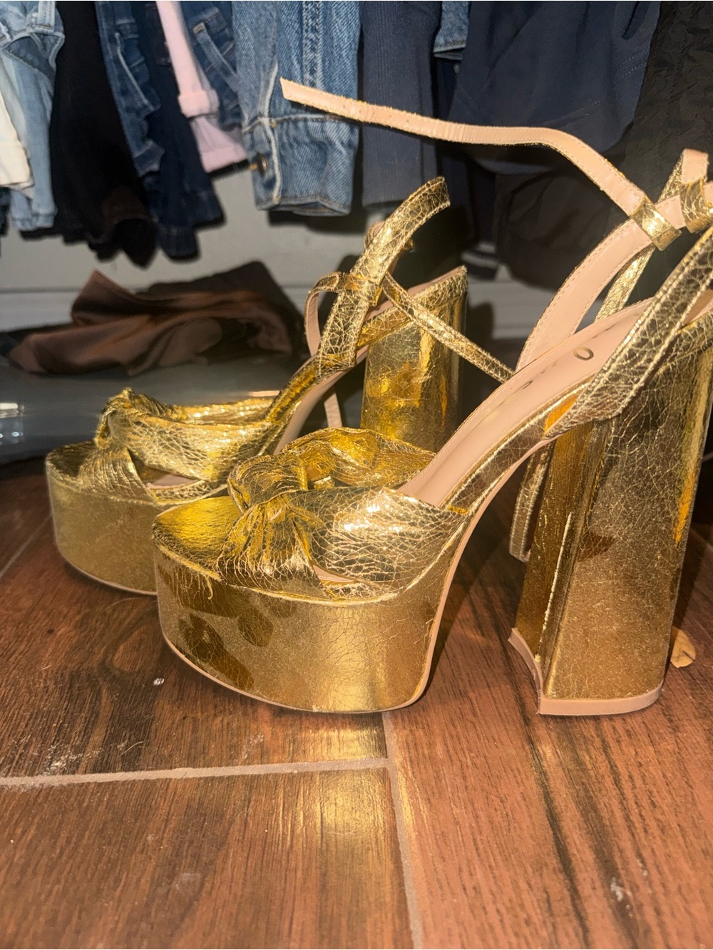 Lulu's Metallic Gold Platform Ankle-Strap Heels